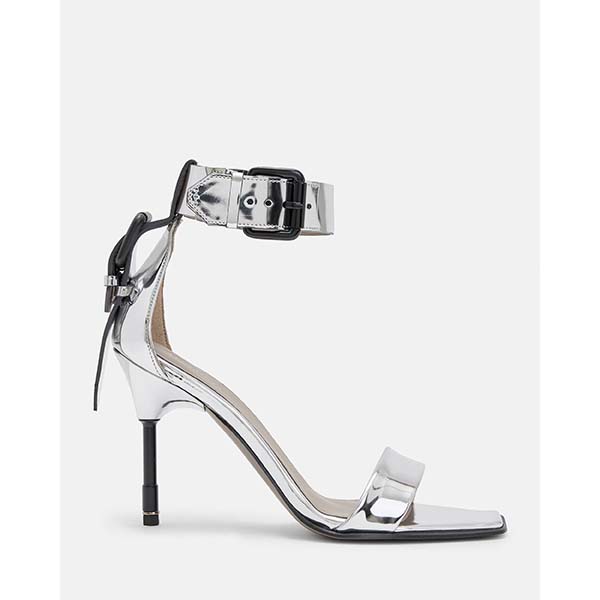 Allsaints Australia Womens Noir Metallic Leather High Heel Sandals Silver AU05-085